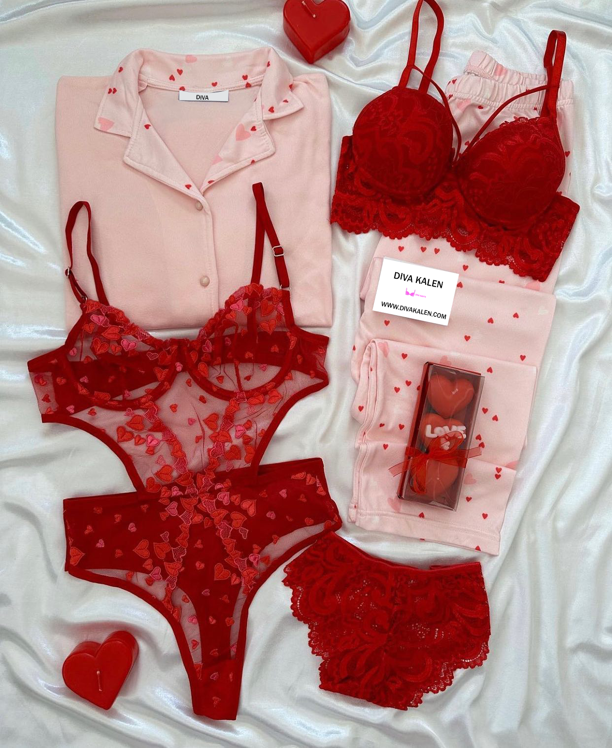Red Love Night Suit & Bra Penty Set Combo for Women's
