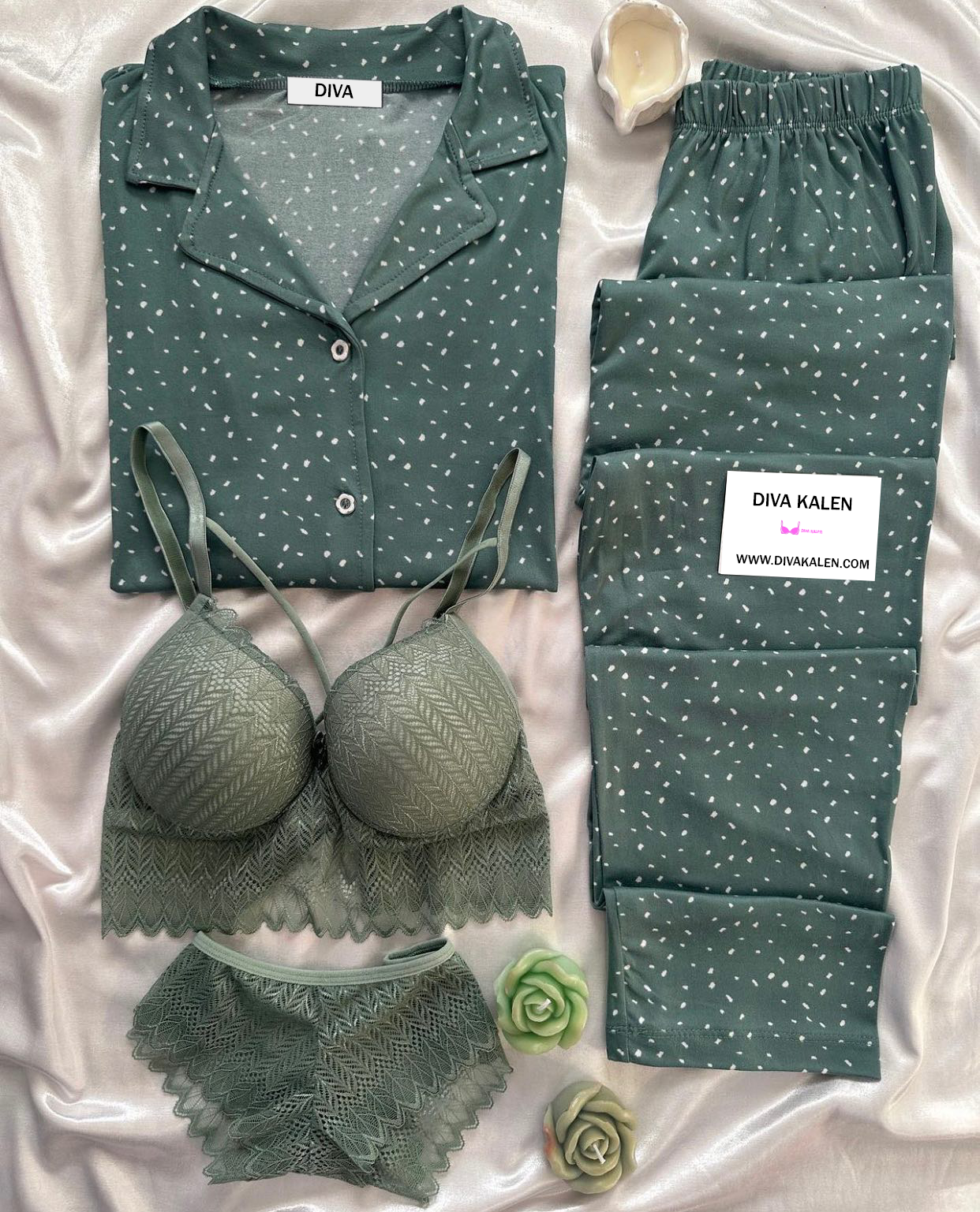 Green Love Night Suit & Bra Penty Set Combo for Women's